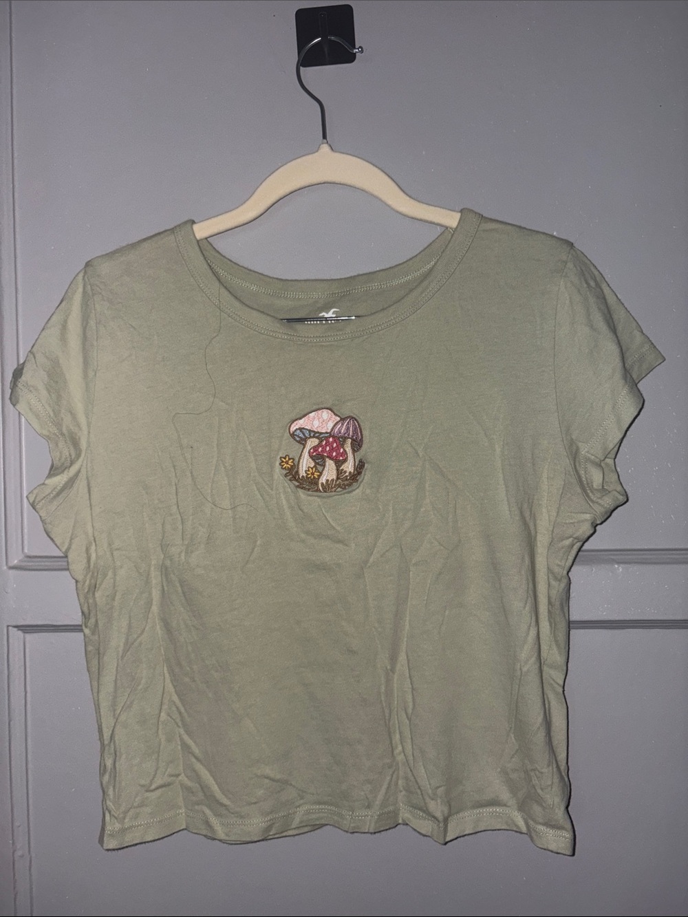 Hollister Pale Green Short Sleeve Tee with Mushroom Patch